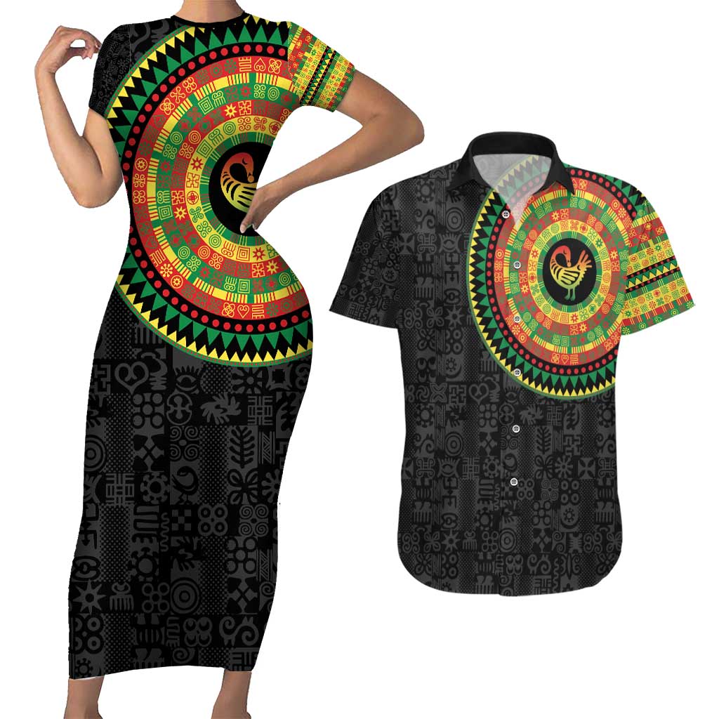 Sankofa Bird Adinkra Symbols Couples Matching Short Sleeve Bodycon Dress and Hawaiian Shirt African Culture