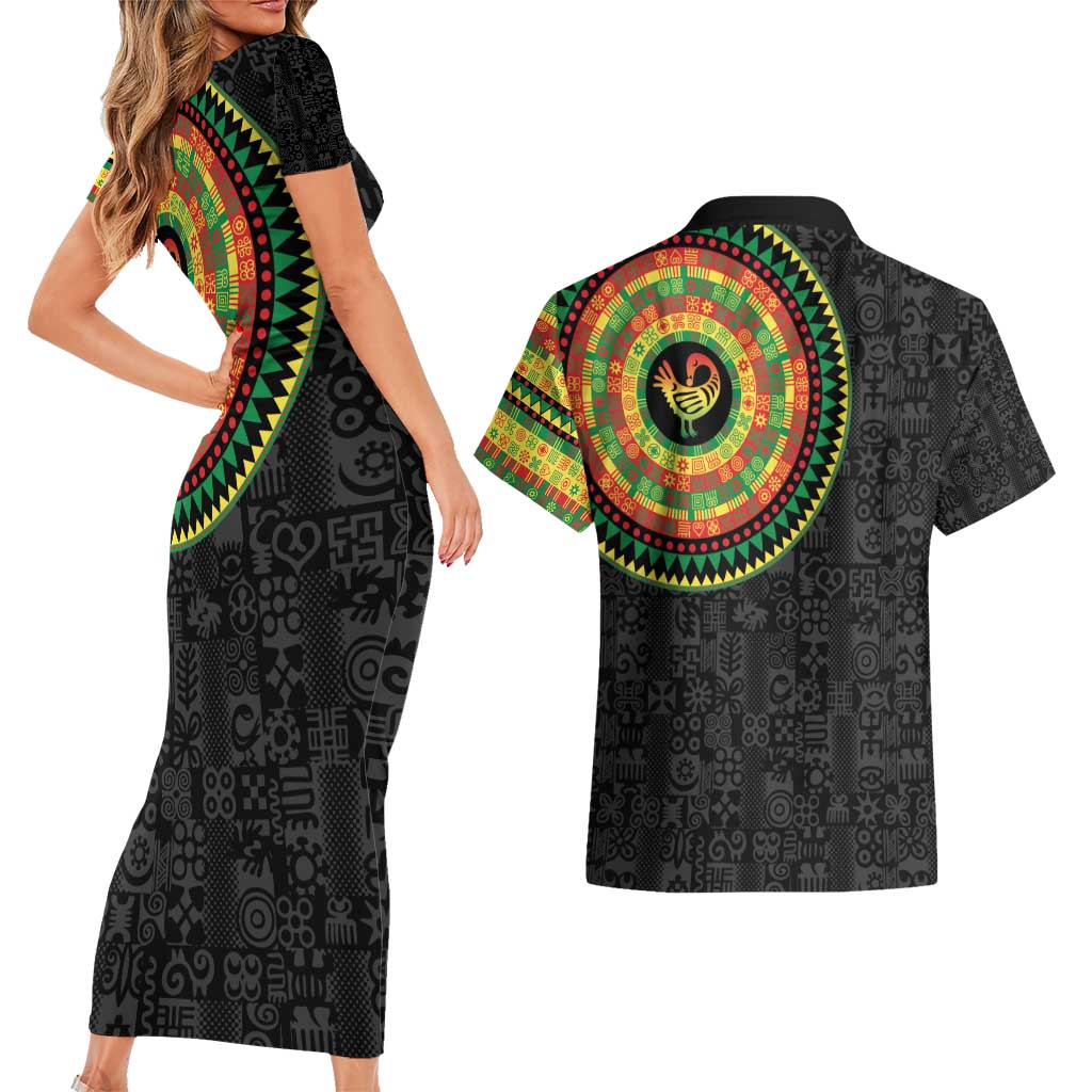 Sankofa Bird Adinkra Symbols Couples Matching Short Sleeve Bodycon Dress and Hawaiian Shirt African Culture