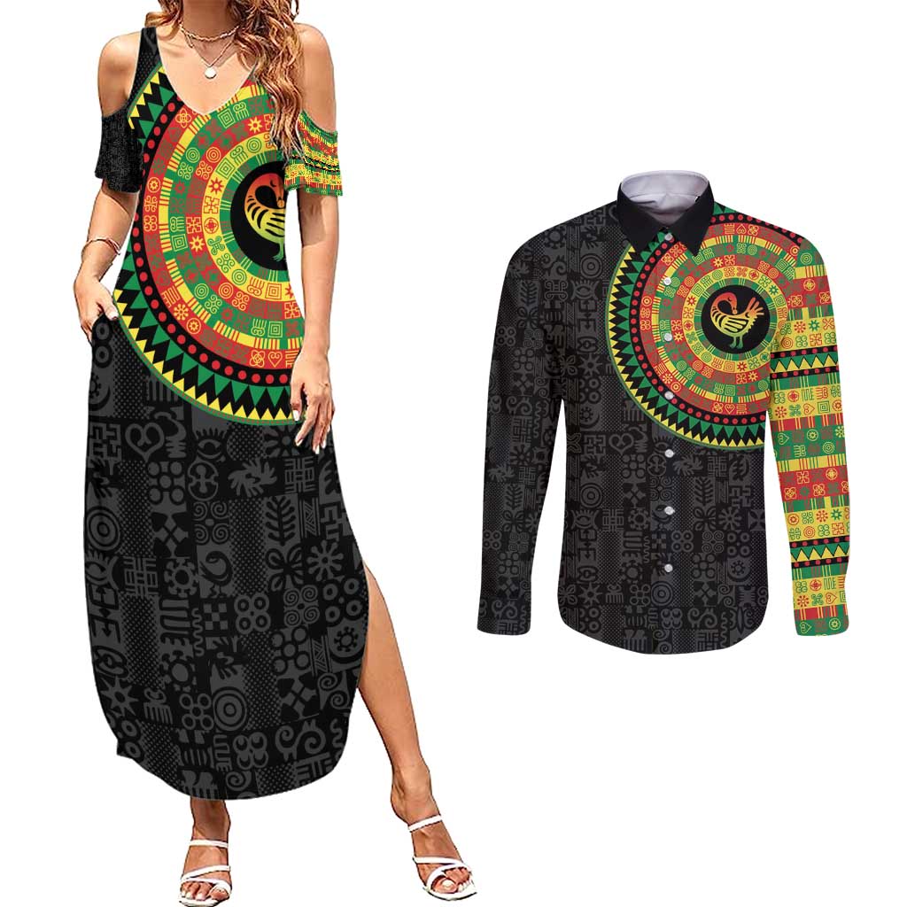 Sankofa Bird Adinkra Symbols Couples Matching Summer Maxi Dress and Long Sleeve Button Shirt African Culture