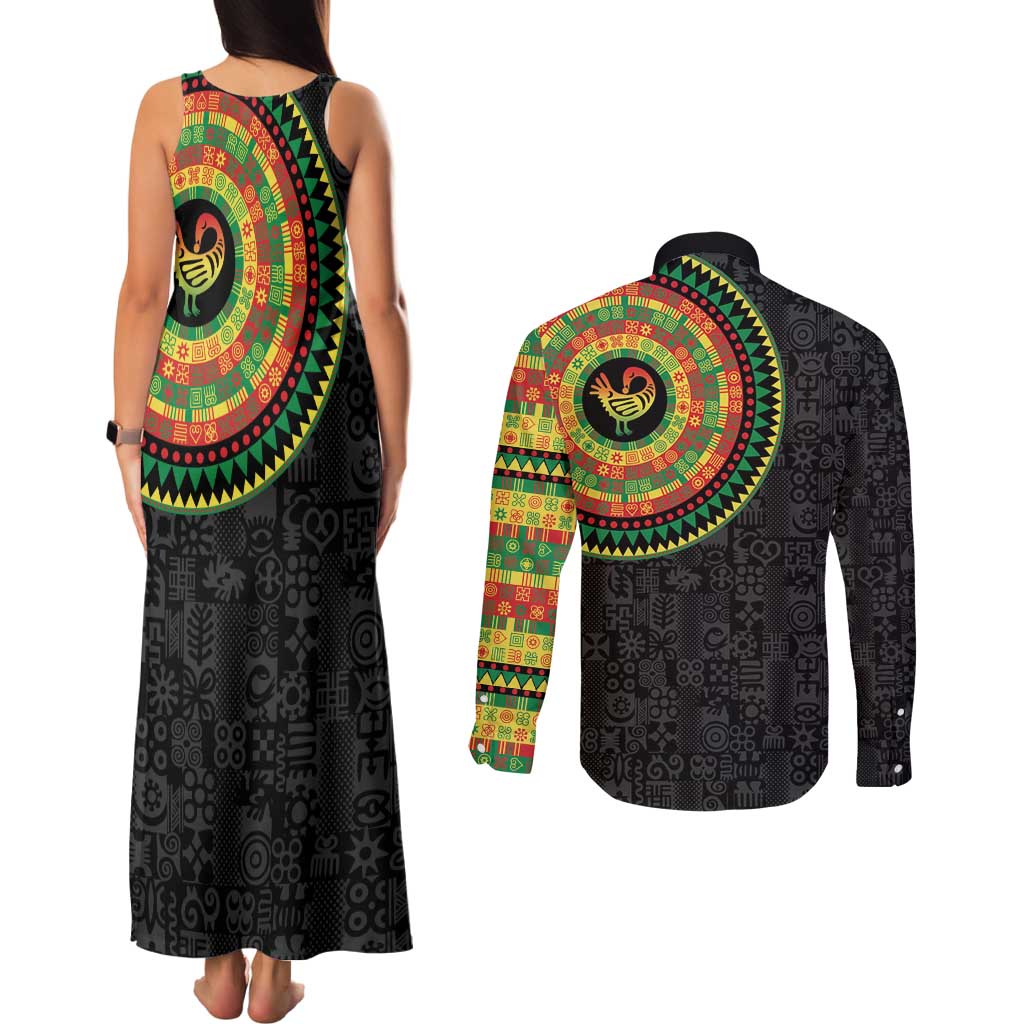 Sankofa Bird Adinkra Symbols Couples Matching Tank Maxi Dress and Long Sleeve Button Shirt African Culture