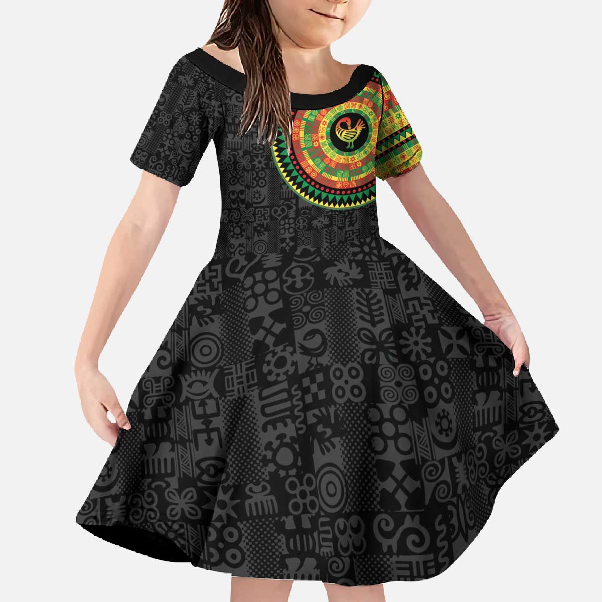 Sankofa Bird Adinkra Symbols Family Matching Off The Shoulder Long Sleeve Dress and Hawaiian Shirt African Culture