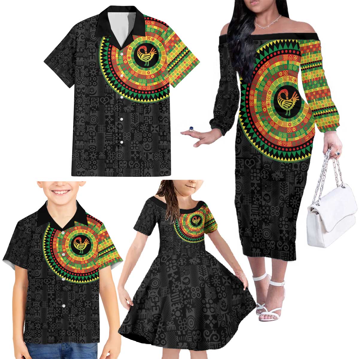 Sankofa Bird Adinkra Symbols Family Matching Off The Shoulder Long Sleeve Dress and Hawaiian Shirt African Culture