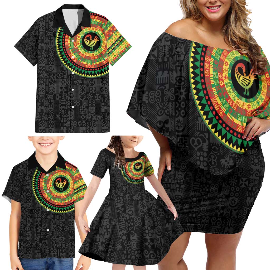 Sankofa Bird Adinkra Symbols Family Matching Off Shoulder Short Dress and Hawaiian Shirt African Culture