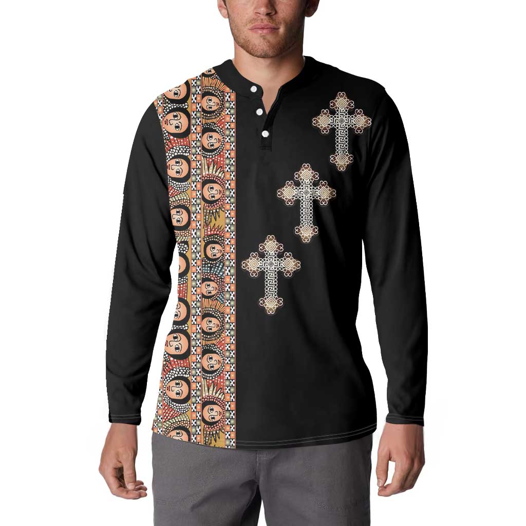 Ethiopia Angels Tilet Button Sweatshirt Ethiopian Cross Black Color