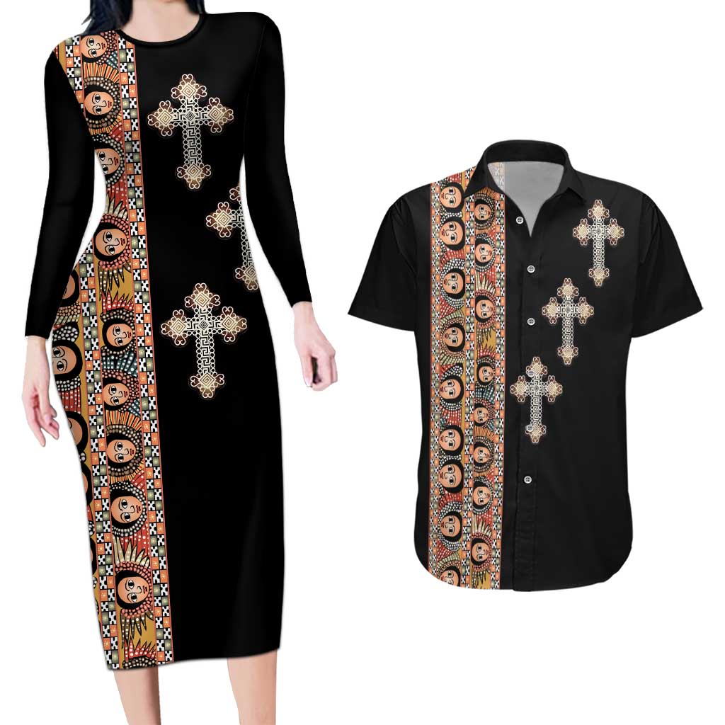 Ethiopia Angels Tilet Couples Matching Long Sleeve Bodycon Dress and Hawaiian Shirt Ethiopian Cross Black Color