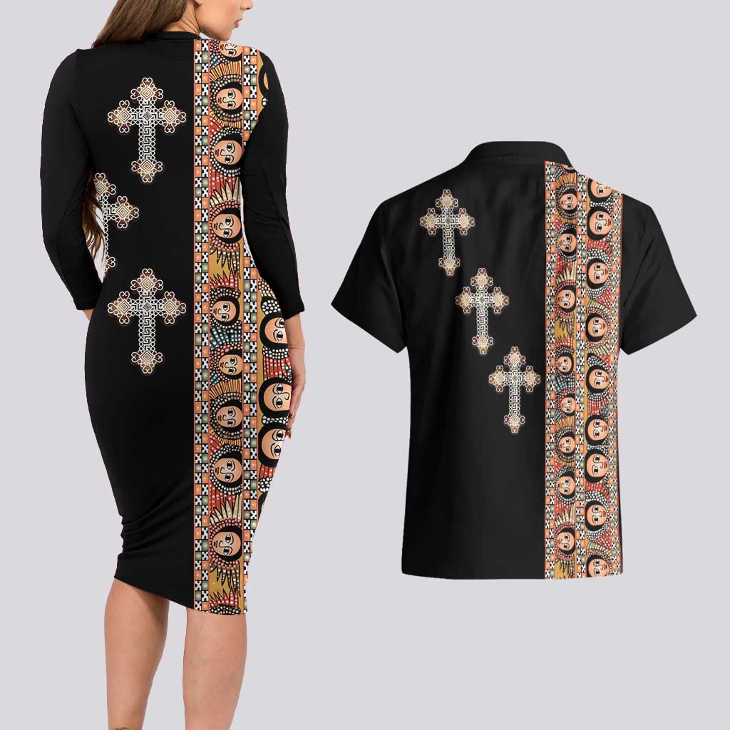 Ethiopia Angels Tilet Couples Matching Long Sleeve Bodycon Dress and Hawaiian Shirt Ethiopian Cross Black Color