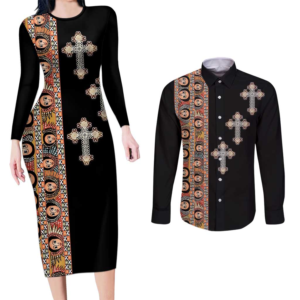 Ethiopia Angels Tilet Couples Matching Long Sleeve Bodycon Dress and Long Sleeve Button Shirt Ethiopian Cross Black Color