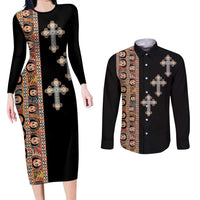 Ethiopia Angels Tilet Couples Matching Long Sleeve Bodycon Dress and Long Sleeve Button Shirt Ethiopian Cross Black Color