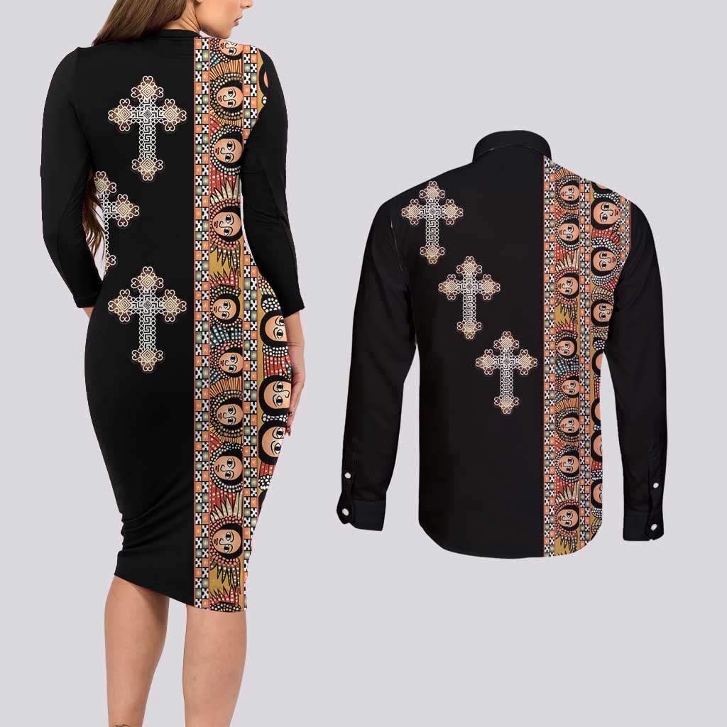 Ethiopia Angels Tilet Couples Matching Long Sleeve Bodycon Dress and Long Sleeve Button Shirt Ethiopian Cross Black Color