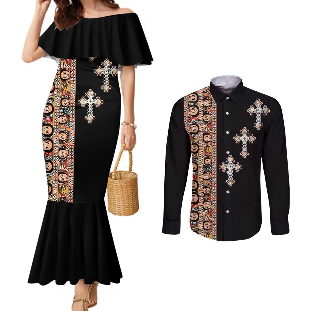 Ethiopia Angels Tilet Couples Matching Mermaid Dress and Long Sleeve Button Shirt Ethiopian Cross Black Color
