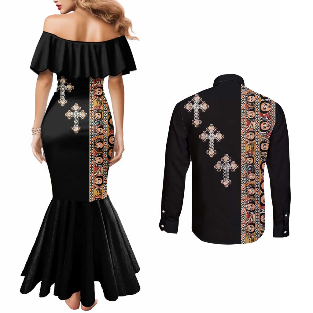 Ethiopia Angels Tilet Couples Matching Mermaid Dress and Long Sleeve Button Shirt Ethiopian Cross Black Color