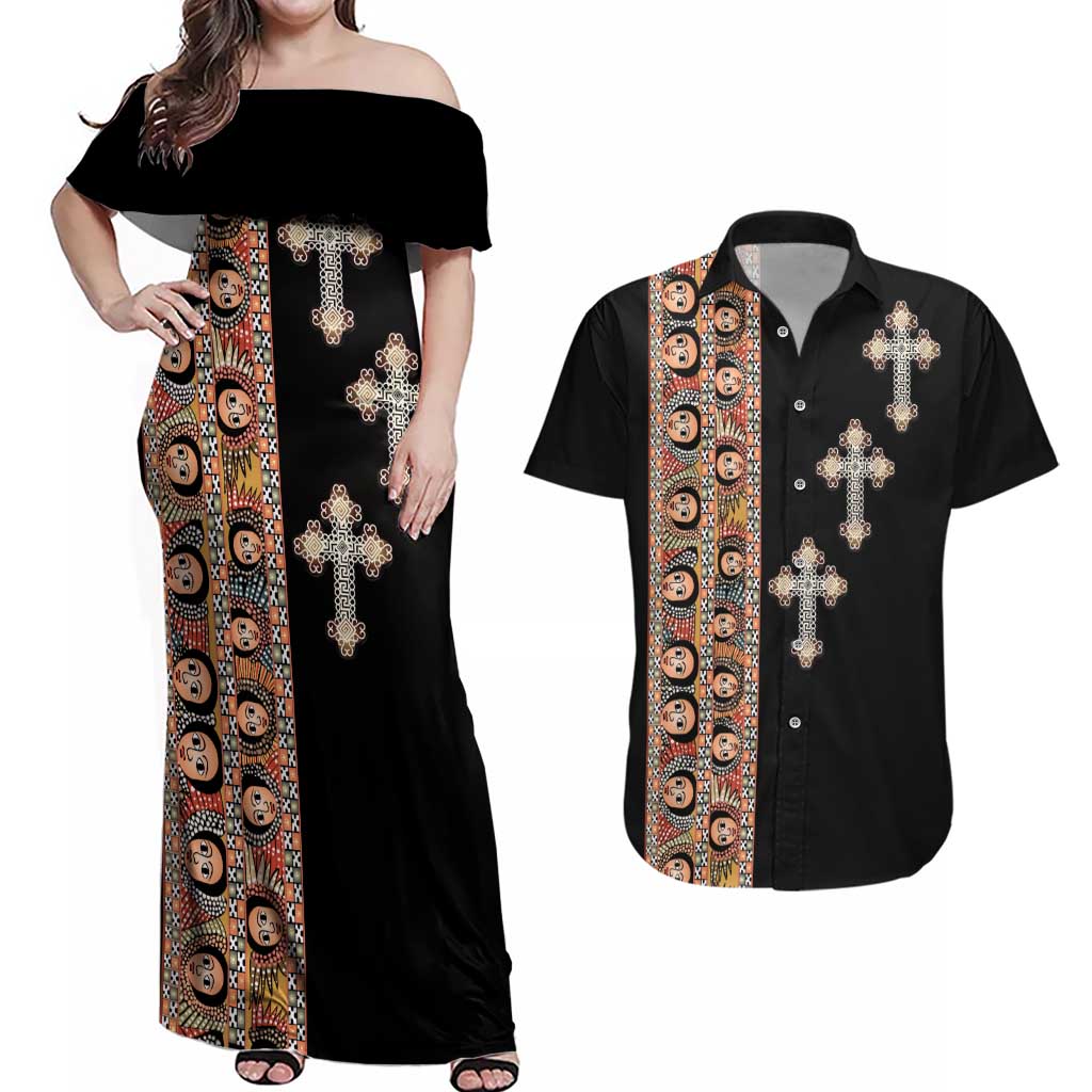 Ethiopia Angels Tilet Couples Matching Off Shoulder Maxi Dress and Hawaiian Shirt Ethiopian Cross Black Color