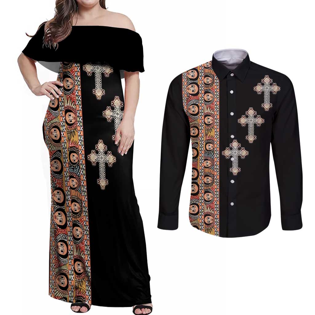 Ethiopia Angels Tilet Couples Matching Off Shoulder Maxi Dress and Long Sleeve Button Shirt Ethiopian Cross Black Color