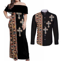 Ethiopia Angels Tilet Couples Matching Off Shoulder Maxi Dress and Long Sleeve Button Shirt Ethiopian Cross Black Color