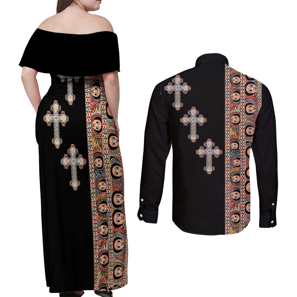 Ethiopia Angels Tilet Couples Matching Off Shoulder Maxi Dress and Long Sleeve Button Shirt Ethiopian Cross Black Color