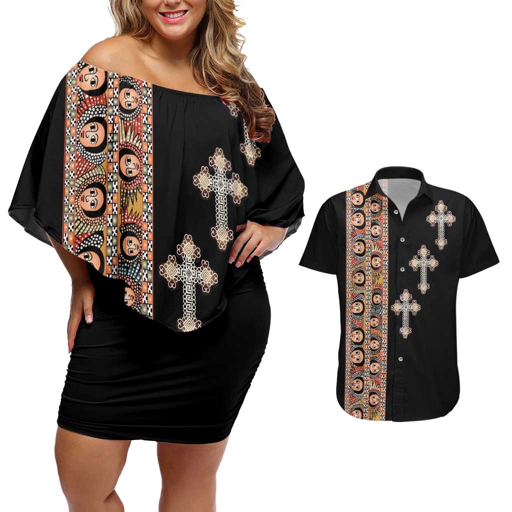 Ethiopia Angels Tilet Couples Matching Off Shoulder Short Dress and Hawaiian Shirt Ethiopian Cross Black Color