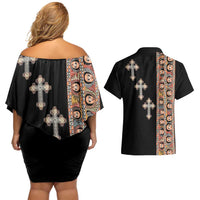 Ethiopia Angels Tilet Couples Matching Off Shoulder Short Dress and Hawaiian Shirt Ethiopian Cross Black Color