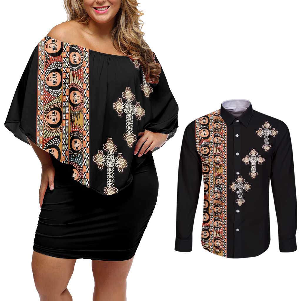 Ethiopia Angels Tilet Couples Matching Off Shoulder Short Dress and Long Sleeve Button Shirt Ethiopian Cross Black Color