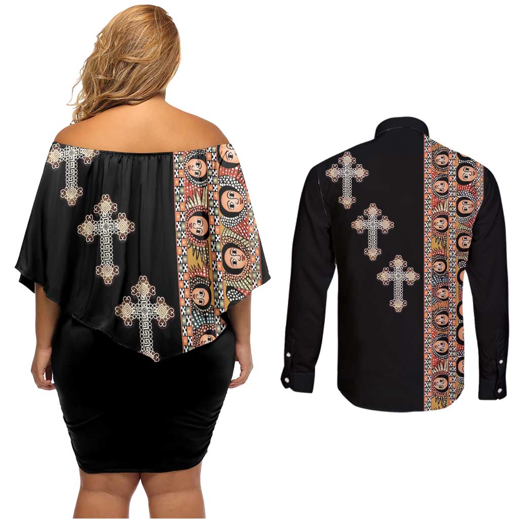 Ethiopia Angels Tilet Couples Matching Off Shoulder Short Dress and Long Sleeve Button Shirt Ethiopian Cross Black Color