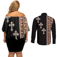 Ethiopia Angels Tilet Couples Matching Off Shoulder Short Dress and Long Sleeve Button Shirt Ethiopian Cross Black Color