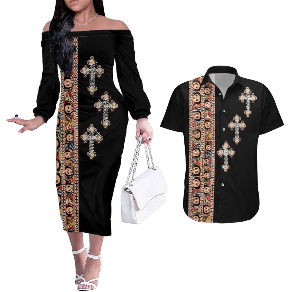 Ethiopia Angels Tilet Couples Matching Off The Shoulder Long Sleeve Dress and Hawaiian Shirt Ethiopian Cross Black Color