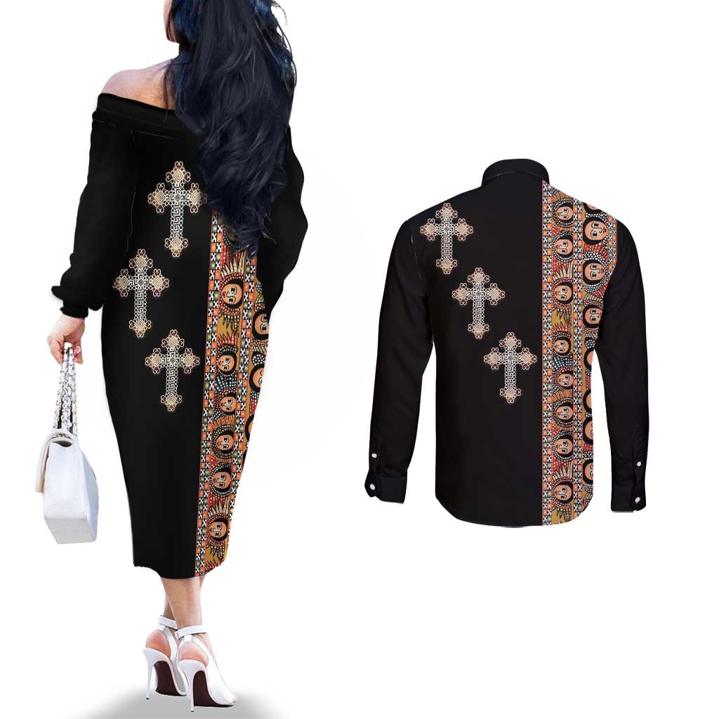 Ethiopia Angels Tilet Couples Matching Off The Shoulder Long Sleeve Dress and Long Sleeve Button Shirt Ethiopian Cross Black Color
