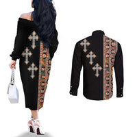 Ethiopia Angels Tilet Couples Matching Off The Shoulder Long Sleeve Dress and Long Sleeve Button Shirt Ethiopian Cross Black Color