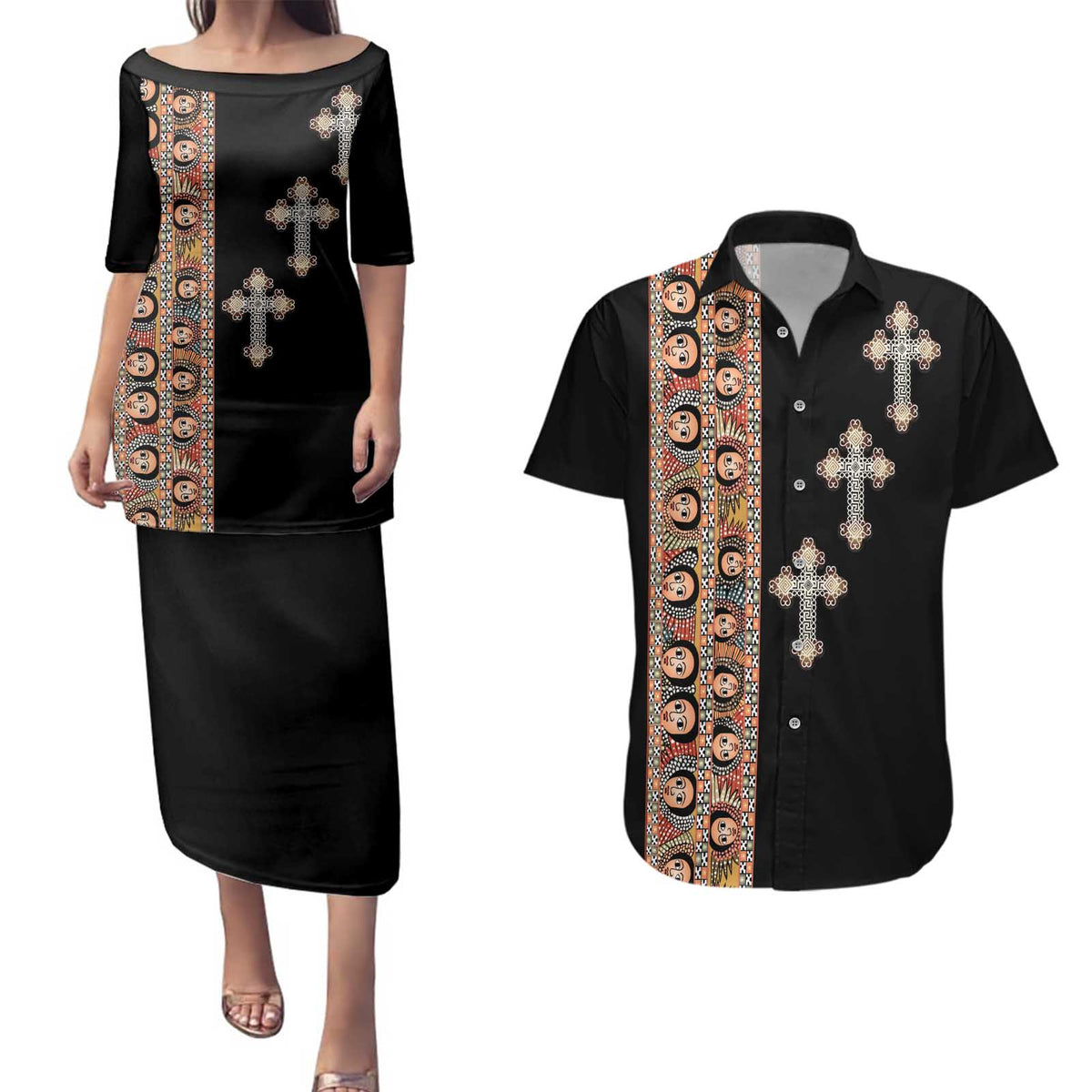 Ethiopia Angels Tilet Couples Matching Puletasi and Hawaiian Shirt Ethiopian Cross Black Color