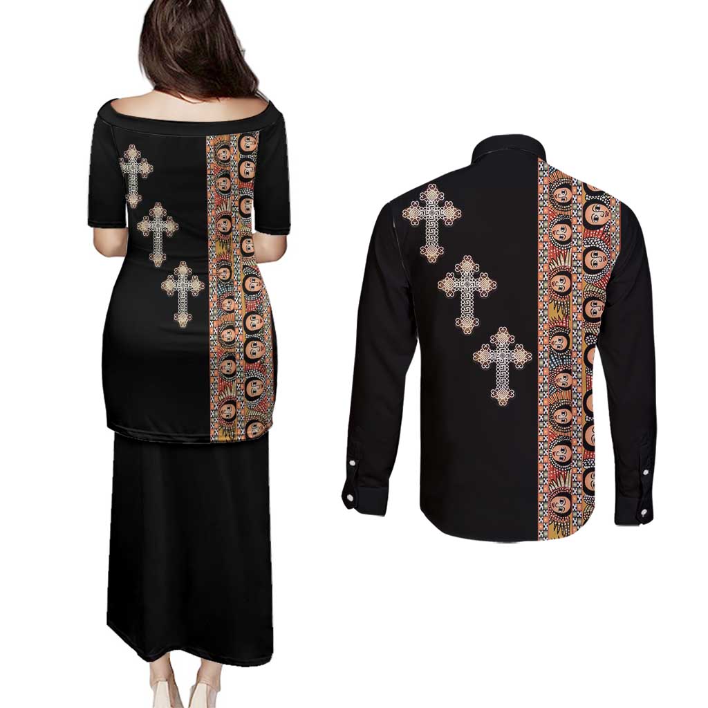Ethiopia Angels Tilet Couples Matching Puletasi and Long Sleeve Button Shirt Ethiopian Cross Black Color