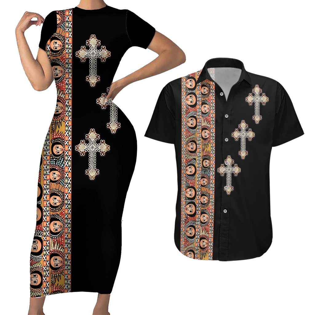 Ethiopia Angels Tilet Couples Matching Short Sleeve Bodycon Dress and Hawaiian Shirt Ethiopian Cross Black Color