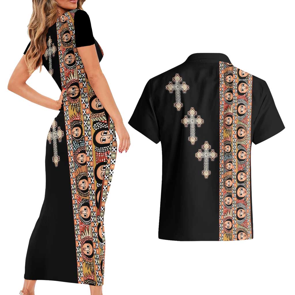 Ethiopia Angels Tilet Couples Matching Short Sleeve Bodycon Dress and Hawaiian Shirt Ethiopian Cross Black Color