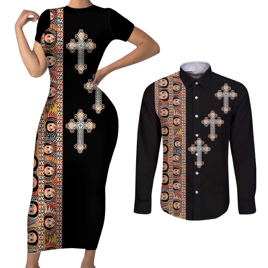 Ethiopia Angels Tilet Couples Matching Short Sleeve Bodycon Dress and Long Sleeve Button Shirt Ethiopian Cross Black Color