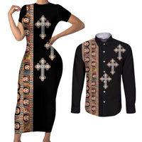 Ethiopia Angels Tilet Couples Matching Short Sleeve Bodycon Dress and Long Sleeve Button Shirt Ethiopian Cross Black Color