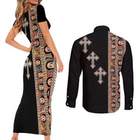 Ethiopia Angels Tilet Couples Matching Short Sleeve Bodycon Dress and Long Sleeve Button Shirt Ethiopian Cross Black Color