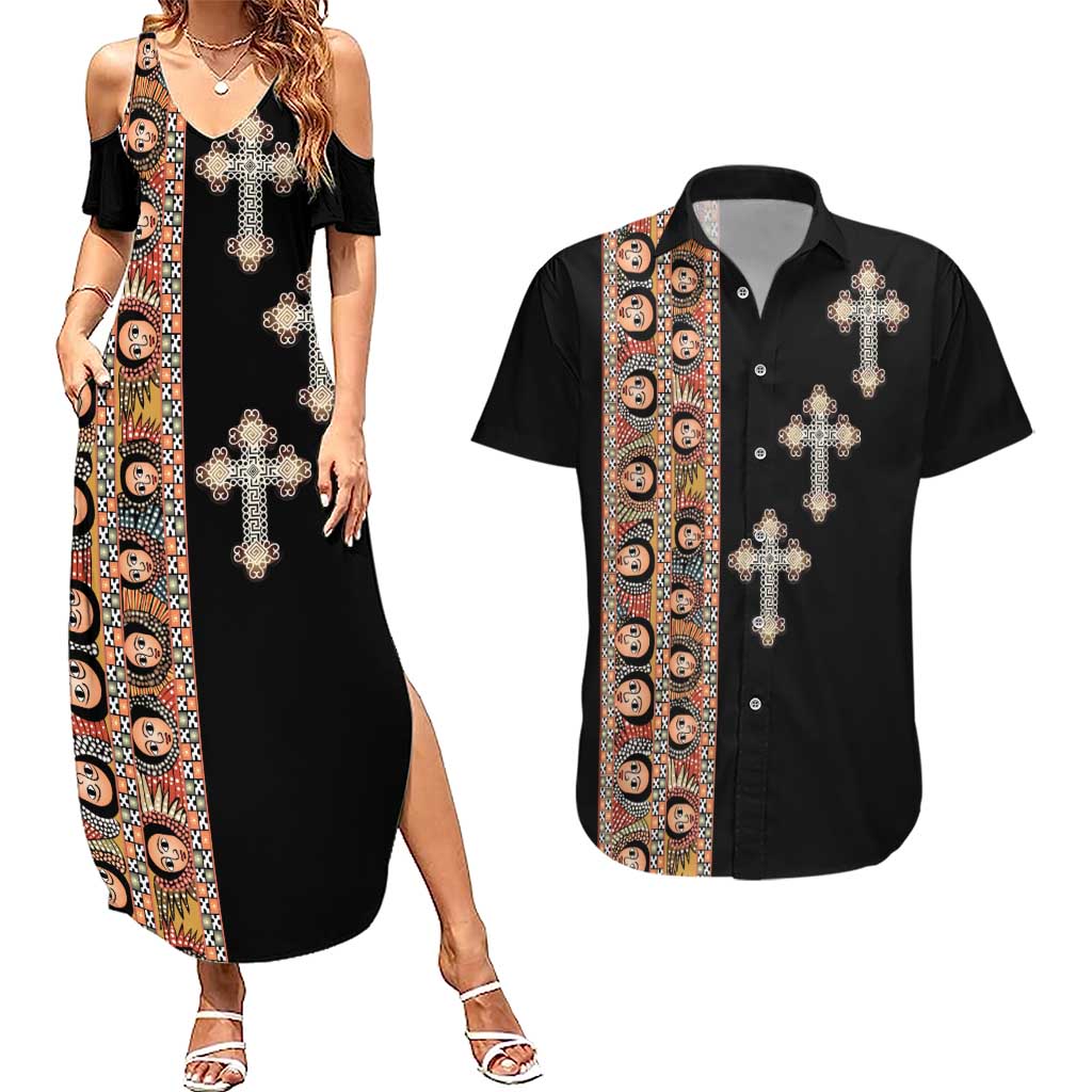 Ethiopia Angels Tilet Couples Matching Summer Maxi Dress and Hawaiian Shirt Ethiopian Cross Black Color