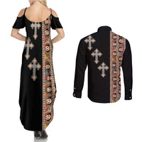 Ethiopia Angels Tilet Couples Matching Summer Maxi Dress and Long Sleeve Button Shirt Ethiopian Cross Black Color