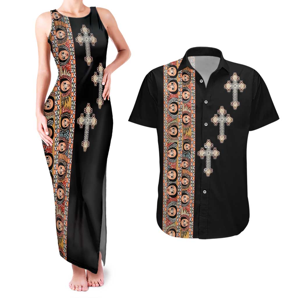 Ethiopia Angels Tilet Couples Matching Tank Maxi Dress and Hawaiian Shirt Ethiopian Cross Black Color