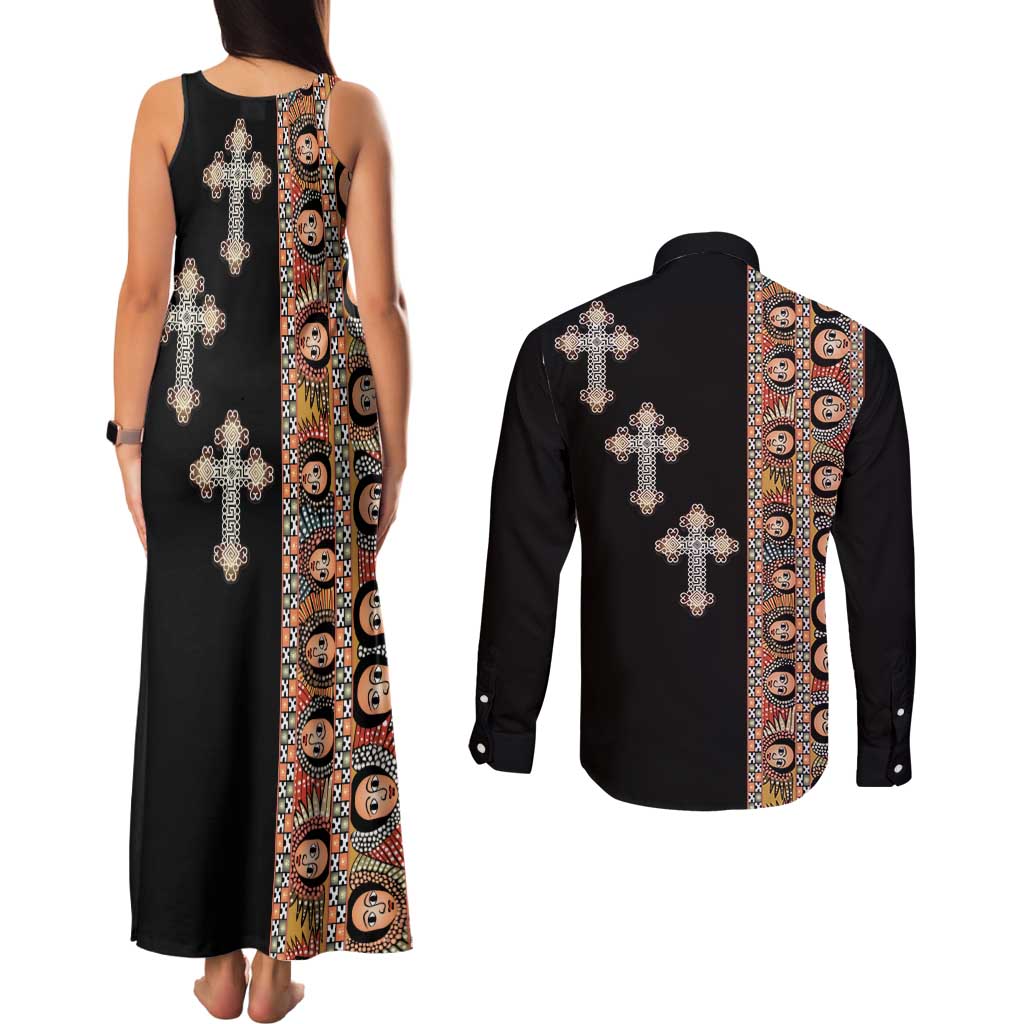 Ethiopia Angels Tilet Couples Matching Tank Maxi Dress and Long Sleeve Button Shirt Ethiopian Cross Black Color