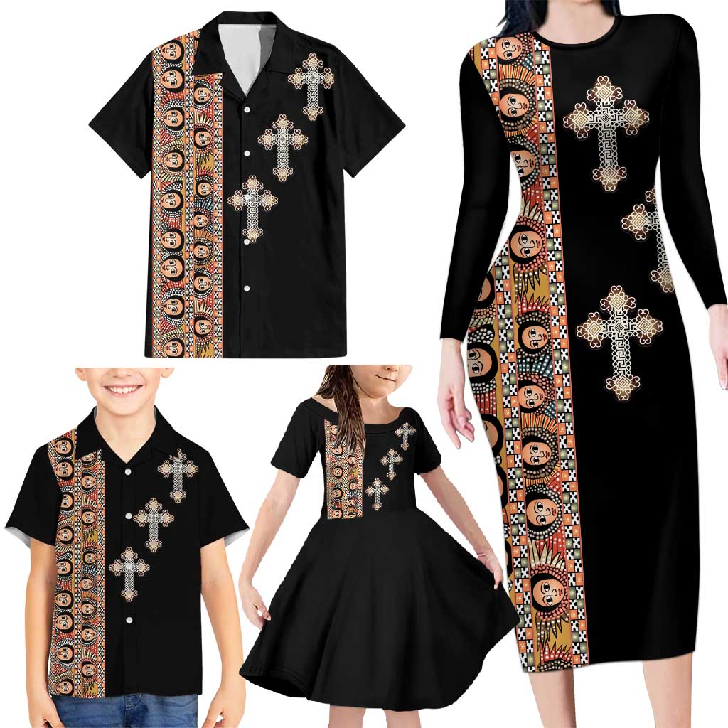 Ethiopia Angels Tilet Family Matching Long Sleeve Bodycon Dress and Hawaiian Shirt Ethiopian Cross Black Color