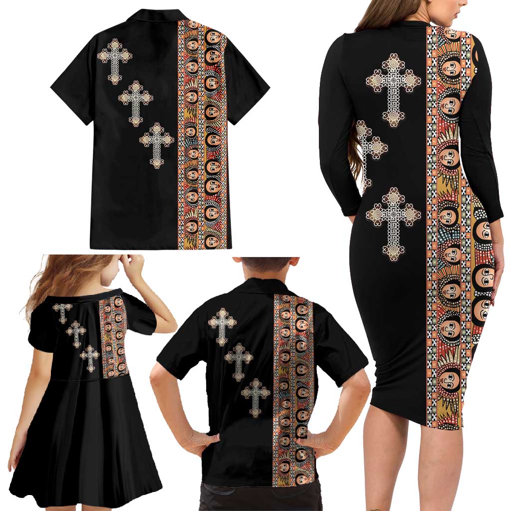 Ethiopia Angels Tilet Family Matching Long Sleeve Bodycon Dress and Hawaiian Shirt Ethiopian Cross Black Color