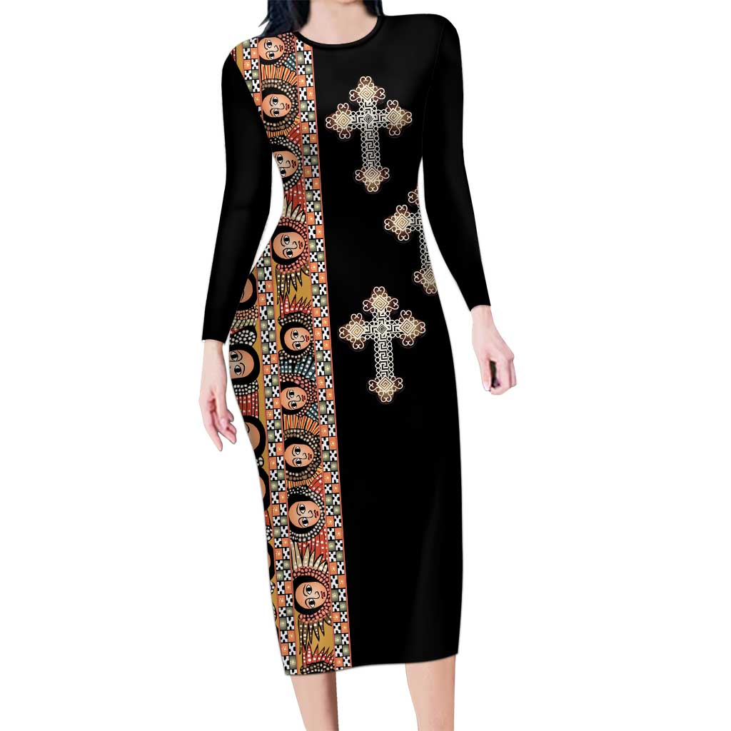 Ethiopia Angels Tilet Family Matching Long Sleeve Bodycon Dress and Hawaiian Shirt Ethiopian Cross Black Color