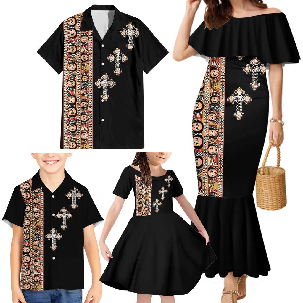 Ethiopia Angels Tilet Family Matching Mermaid Dress and Hawaiian Shirt Ethiopian Cross Black Color
