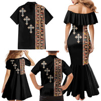 Ethiopia Angels Tilet Family Matching Mermaid Dress and Hawaiian Shirt Ethiopian Cross Black Color