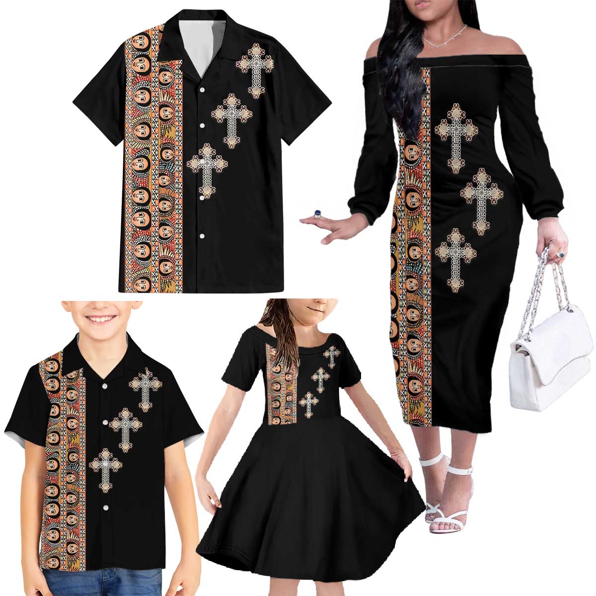 Ethiopia Angels Tilet Family Matching Off The Shoulder Long Sleeve Dress and Hawaiian Shirt Ethiopian Cross Black Color