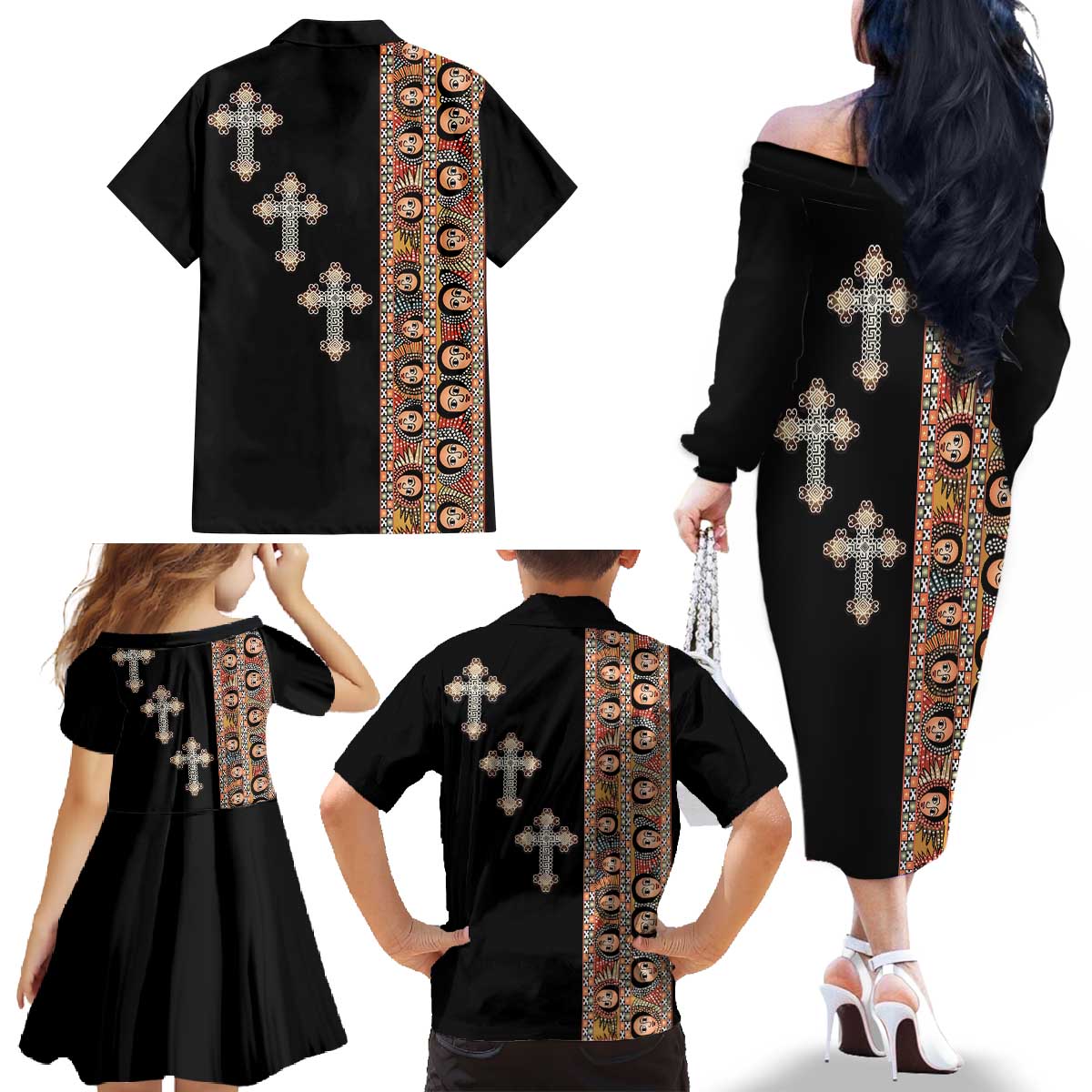 Ethiopia Angels Tilet Family Matching Off The Shoulder Long Sleeve Dress and Hawaiian Shirt Ethiopian Cross Black Color