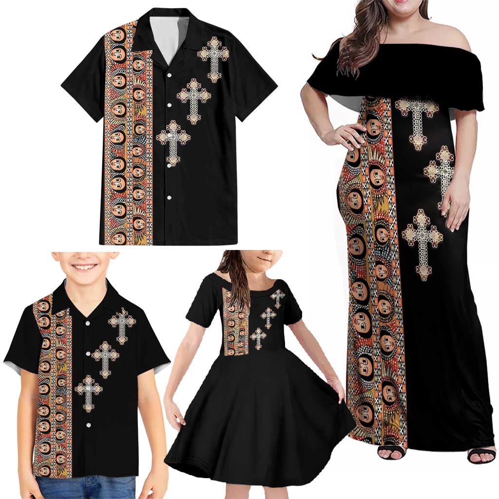 Ethiopia Angels Tilet Family Matching Off Shoulder Maxi Dress and Hawaiian Shirt Ethiopian Cross Black Color