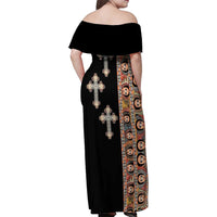 Ethiopia Angels Tilet Family Matching Off Shoulder Maxi Dress and Hawaiian Shirt Ethiopian Cross Black Color