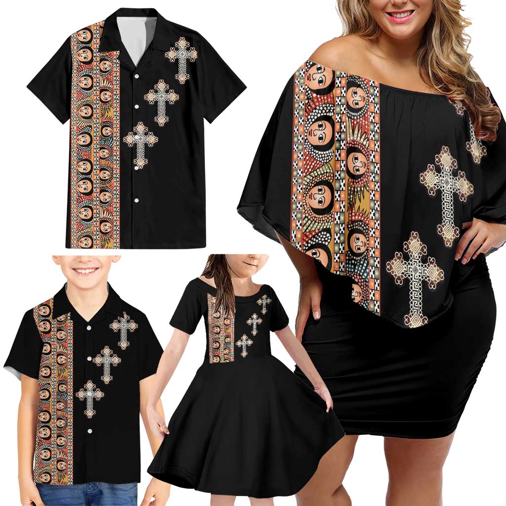 Ethiopia Angels Tilet Family Matching Off Shoulder Short Dress and Hawaiian Shirt Ethiopian Cross Black Color