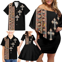 Ethiopia Angels Tilet Family Matching Off Shoulder Short Dress and Hawaiian Shirt Ethiopian Cross Black Color