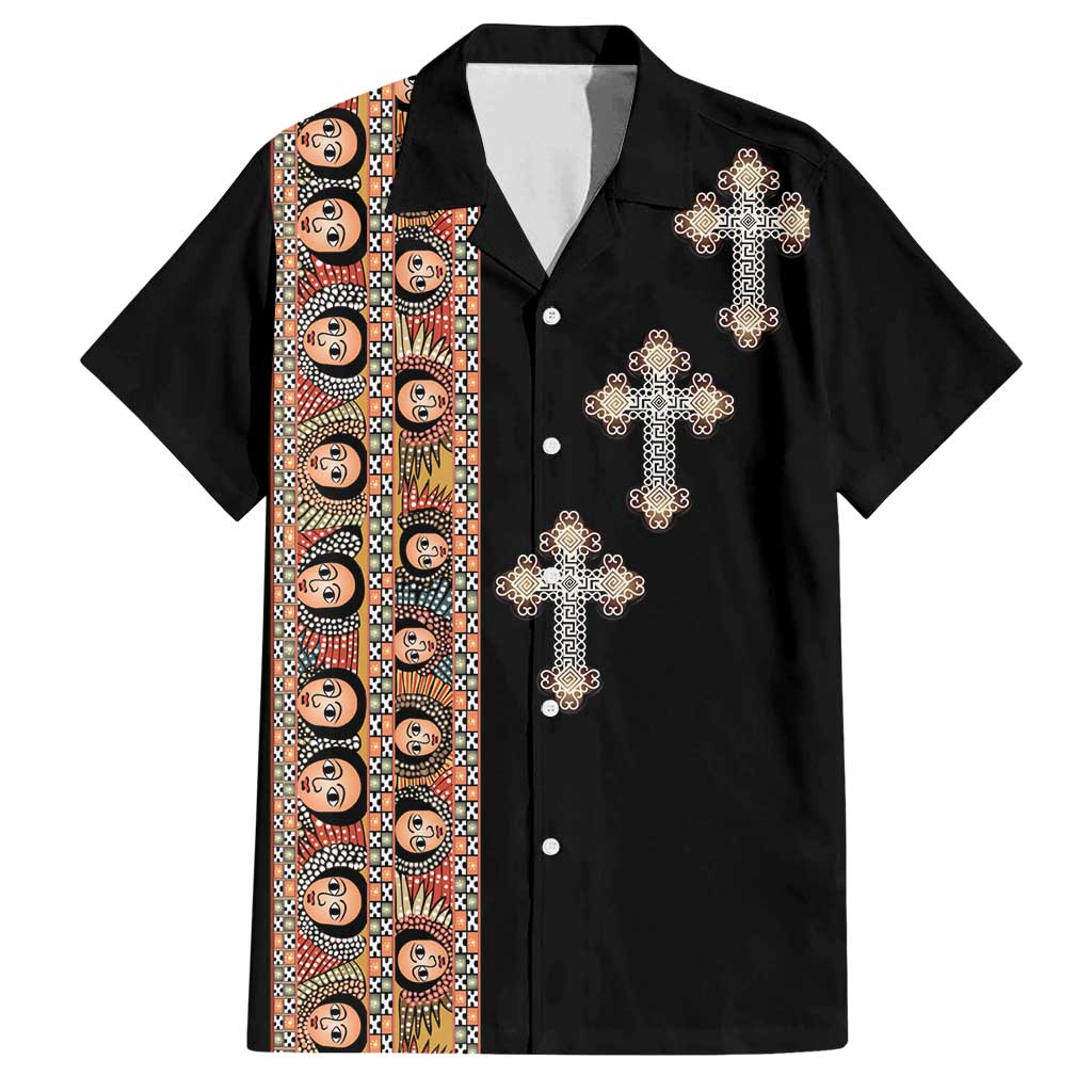 Ethiopia Angels Tilet Family Matching Off Shoulder Short Dress and Hawaiian Shirt Ethiopian Cross Black Color